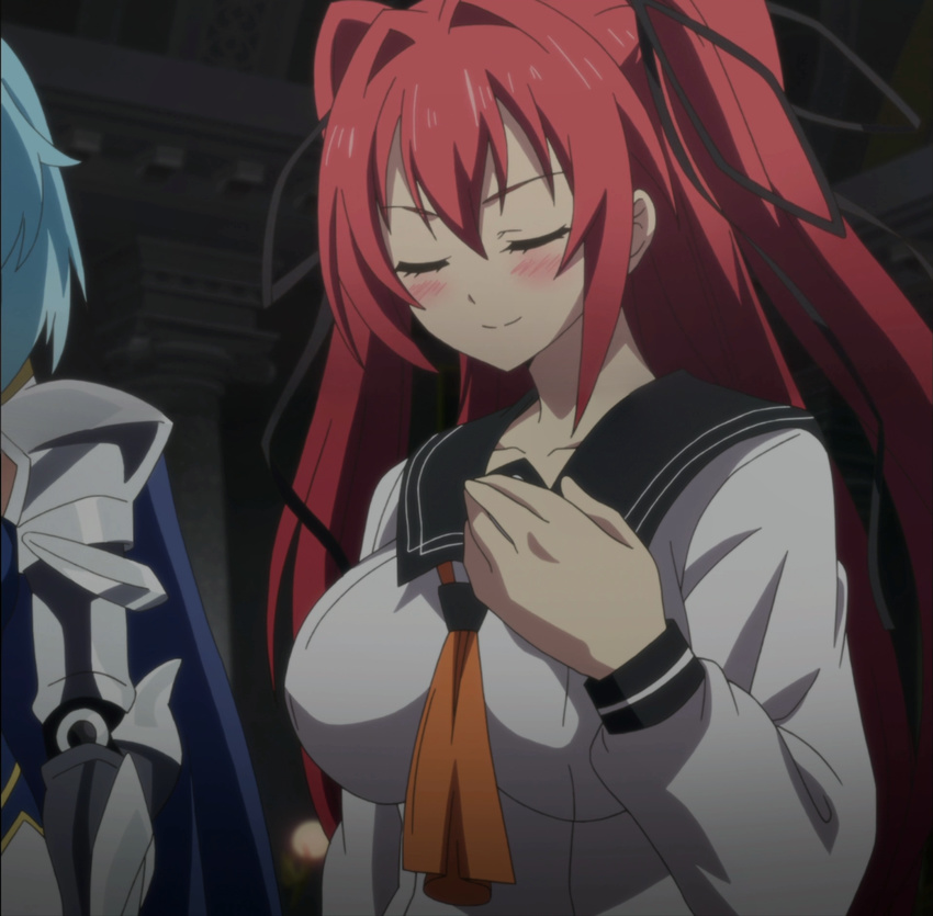 breasts eyes_closed highres large_breasts naruse_mio red_hair screencap shinmai_maou_no_testament smile standing stitched