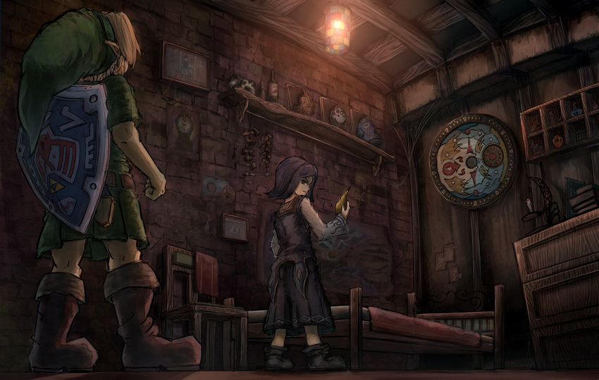 bed belt blonde_hair boots chair hat highres indoors kafei link mask mask_removed multiple_boys picture_(object) pointy_ears purple_hair shield shiimo silk spider_web sword the_legend_of_zelda the_legend_of_zelda:_majora's_mask weapon young_link