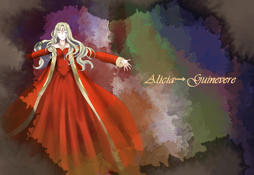 bare_shoulders blonde_hair character_name circlet closed_eyes dress fire_emblem fire_emblem:_fuuin_no_tsurugi guinevere_(fire_emblem) jewelry long_hair long_sleeves multicolored multicolored_background outstretched_arms red_dress shoochiku_bai solo
