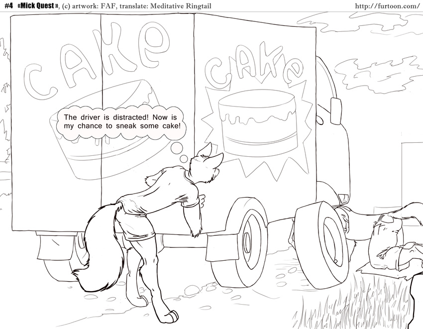 2011 absurd_res all_fours anthro bent_over cake canine clothed clothing comic duo english_text faf flower food fox grass hi_res male mammal monochrome outside plant text thought_bubble vehicle