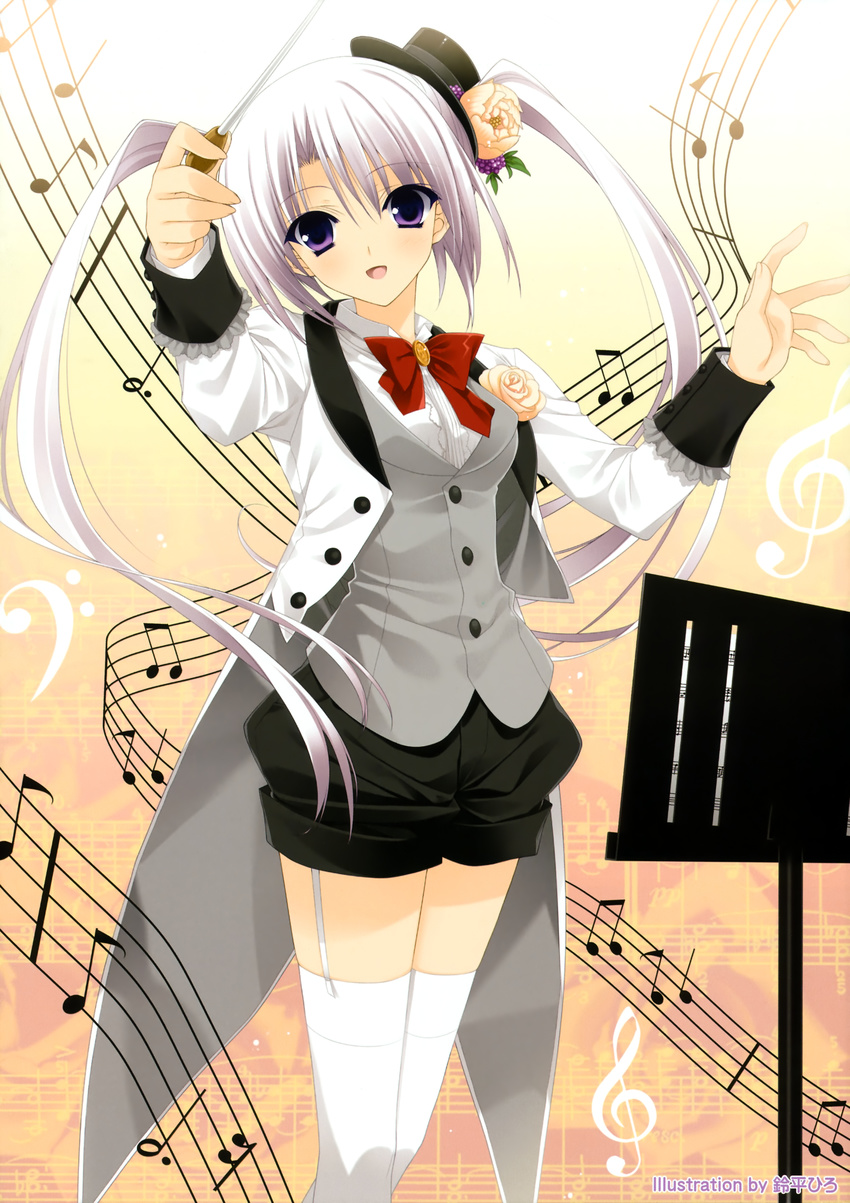 absurdres artist_name baggy_shorts bass_clef beamed_eighth_notes bow bowtie buttons conductor copyright_request dotted_half_note dress_shirt eighth_note eyebrows_visible_through_hair flower frills garter_straps hat hat_flower highres holding holding_wand long_hair long_sleeves looking_at_viewer mini_hat musical_note open_mouth purple_eyes quarter_note red_bow red_neckwear rose shirt silver_hair sixteenth_rest solo staff_(music) suzuhira_hiro thighhighs treble_clef twintails very_long_hair waistcoat wand white_legwear