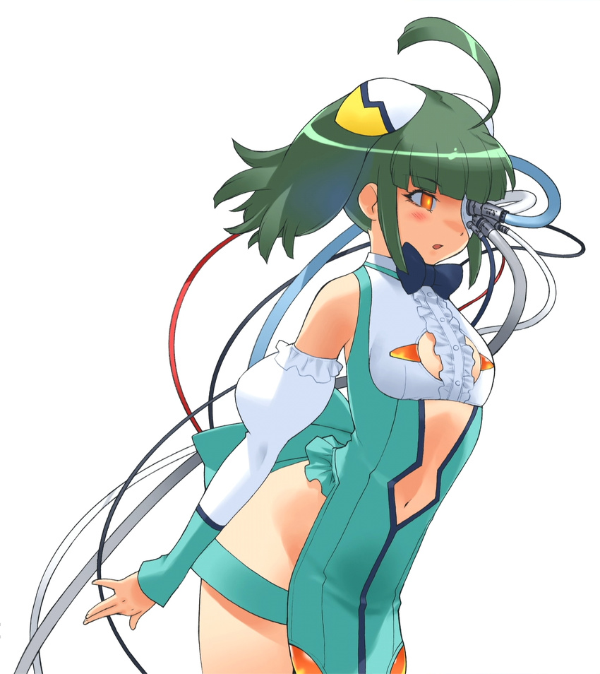 ahoge blush bow bowtie cable center_opening detached_sleeves eyepatch green_hair green_leotard highres leaning_forward leotard looking_to_the_side navel official_art open_mouth orange_eyes otomedius short_hair simple_background solo tita_nium twintails white_background yoshizaki_mine