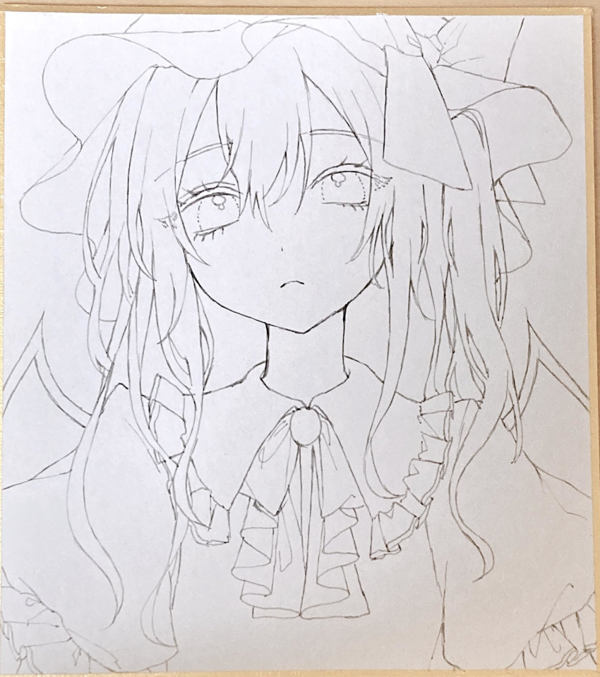 1girl ascot bow closed_mouth collared_shirt commentary_request flandre_scarlet frilled_shirt_collar frills frown furawast greyscale hat hat_bow highres looking_at_viewer mob_cap monochrome one_side_up shikishi shirt solo touhou traditional_media upper_body vest wings