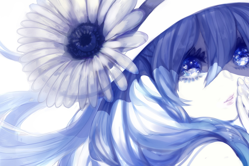 bad_id bad_pixiv_id blue face flower hat hatsune_miku long_hair monochrome portrait solo sunflower tom@tog vocaloid