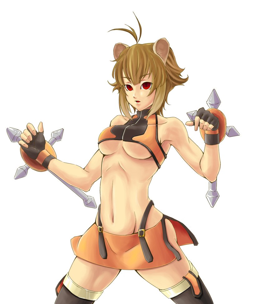 animal_ears antenna_hair bad_id bad_pixiv_id bare_shoulders blazblue boots breasts brown_hair error fingerless_gloves gloves highres makoto_nanaya medium_breasts midriff miniskirt navel orange_skirt red_eyes revealing_clothes short_hair skirt solo squirrel_ears thigh_boots thighhighs tonfa underboob weapon yasai_no_ou-sama_lettuce