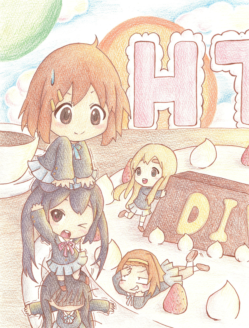 absurdres akiyama_mio bad_id bad_pixiv_id black_eyes black_hair blonde_hair brown_hair cake chibi food highres hirasawa_yui in_food k-on! kotobuki_tsumugi long_hair minigirl multiple_girls nakano_azusa pantyhose school_uniform shiro_tokage short_hair tainaka_ritsu twintails