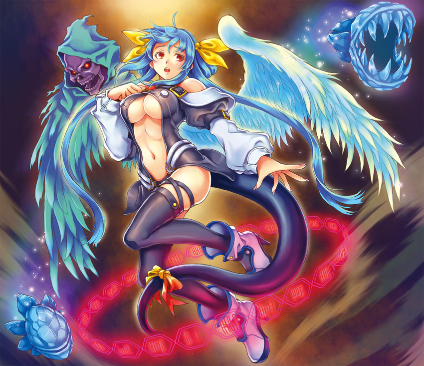 angel_wings asymmetrical_wings blue_hair bow breasts center_opening cleavage dizzy fangs glowing glowing_eyes guilty_gear hair_bow high_heels highres large_breasts long_hair long_sleeves navel necro_(guilty_gear) open_mouth red_eyes ribbon shoes skull solo tail tail_ribbon thighhighs toshi twintails underboob wings