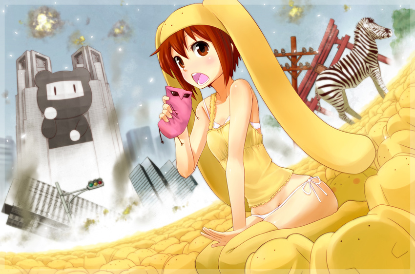 animal_ears bare_shoulders bra brown_eyes brown_hair building bunny_ears camisole dutch_angle explosion hat lingerie nagian open_mouth original panties personification side-tie_panties solo stuffed_animal stuffed_toy surreal thighhighs torii underwear white_panties wooser_(character) yellow_legwear zebra