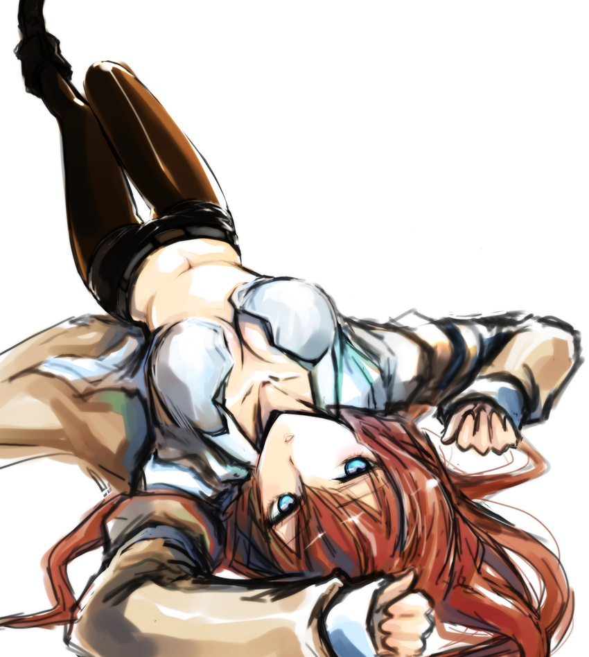 blue_eyes breasts brown_hair cleavage foreshortening highres jacket legwear_under_shorts long_hair lying makise_kurisu medium_breasts on_back open_clothes open_shirt pantyhose shirt short_shorts shorts simple_background solo steins;gate thigh_gap uonuma_yuu upside-down