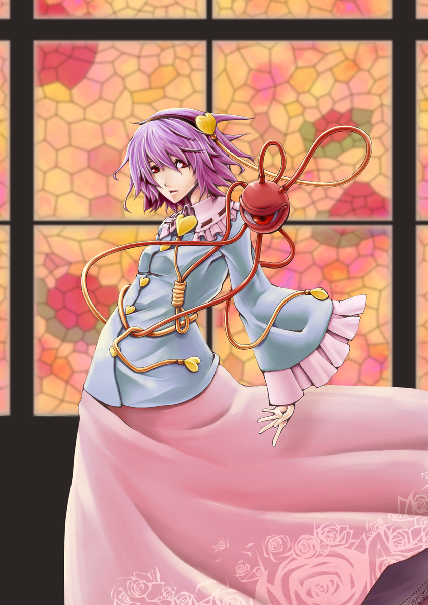 eyes floral_print hairband heart highres komeiji_satori mazuka_kei purple_hair red_eyes short_hair solo stained_glass touhou