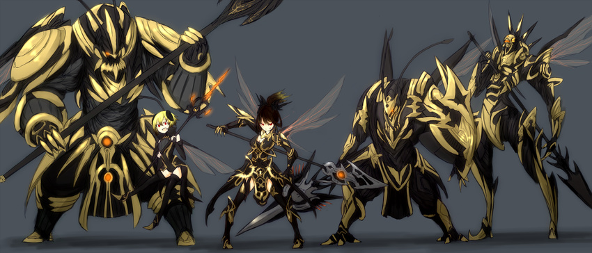 :q absurdres armor bad_id bad_pixiv_id bee_girl boots fingerless_gloves full_armor ganesagi gloves gradient_hair grin hair_ornament highres insect_girl insect_wings long_hair monster_girl multicolored_hair multiple_girls open_mouth original polearm red_eyes short_hair smile spear thigh_boots thighhighs tongue tongue_out weapon wings