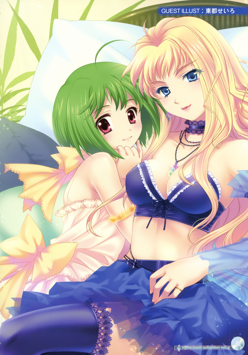 absurdres ahoge armlet bare_shoulders blonde_hair blue_eyes blue_legwear blush bow breasts bustier choker cleavage dress earrings green_hair highres jewelry large_breasts lingerie lipstick long_hair macross macross_frontier makeup midriff multiple_girls necklace pillow pink_eyes plant ranka_lee ring sheryl_nome short_hair skirt smile thighhighs touto_seiro underwear