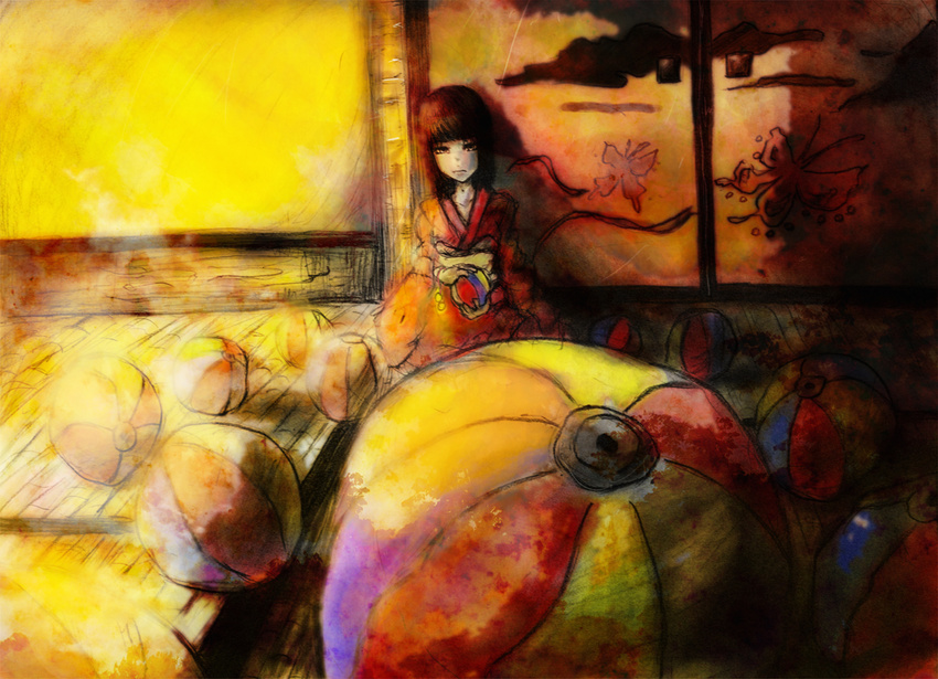 bad_id bad_pixiv_id ball black_hair fatal_frame fatal_frame_2 gauss_&lt;counting_on_more_blur japanese_clothes kimono rattle short_hair solo tachibana_chitose temari_ball