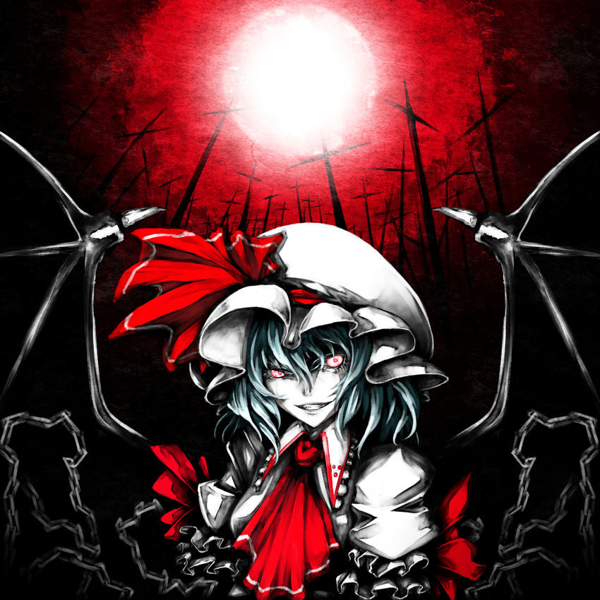 ascot bad_id bad_pixiv_id bat_wings blue_hair chain colored_eyelashes cross eyelashes fujinohara_akihira full_moon glowing glowing_eyes grin hat highres moon pale_skin red_eyes red_sky remilia_scarlet short_hair sky smile smirk solo touhou upper_body vampire wings