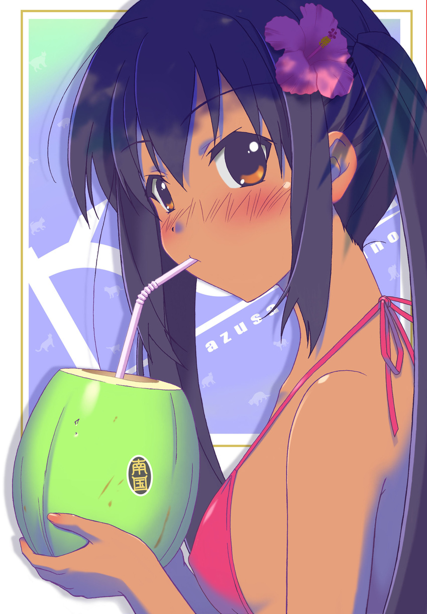 absurdres bikini black_hair blush brown_eyes coconut highres k-on! long_hair nakano_azusa r1 solo swimsuit tan twintails