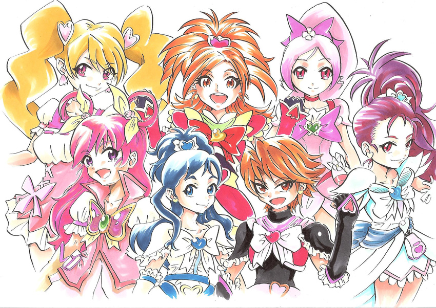 bad_id bad_pixiv_id blonde_hair blue_hair bow brown_hair choker cure_black cure_bloom cure_blossom cure_dream cure_egret cure_peach cure_white fresh_precure! futari_wa_precure futari_wa_precure_splash_star hair_ornament half_updo hanasaki_tsubomi heart heart_hair_ornament heartcatch_precure! highres hyuuga_saki juuzou_(amayuu112) long_hair magical_girl mishou_mai misumi_nagisa momozono_love multiple_girls orange_hair pink_bow pink_eyes pink_hair ponytail precure purple_hair red_choker ribbon short_hair twintails yes!_precure_5 yukishiro_honoka yumehara_nozomi