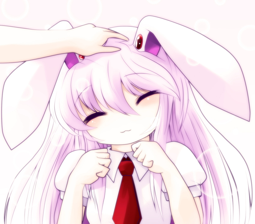 :3 animal_ears bunny_ears long_hair necktie out_of_frame petting pink_hair red_neckwear reisen_udongein_inaba solo_focus touhou yume_shokunin