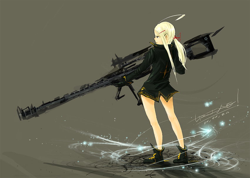 bad_id bad_pixiv_id blonde_hair bow coat hair_bow hair_ornament hairclip huge_weapon legs original ponytail sin_gun_woo solo weapon