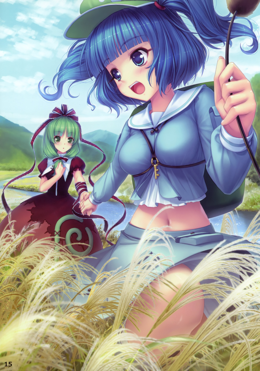 absurdres blue_eyes blue_hair breasts green_eyes green_hair hair_ribbon hat highres holding_hands kagiyama_hina kawashiro_nitori key medium_breasts multiple_girls navel ribbon river sayori touhou twintails two_side_up