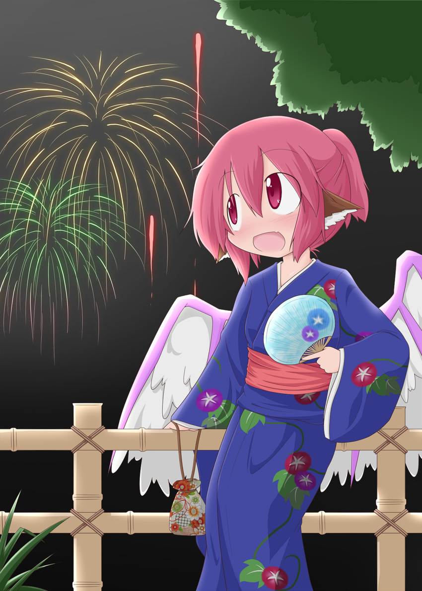 aerial_fireworks alternate_hairstyle animal_ears bag bamboo_fence blush fan fence fireworks gokei highres japanese_clothes kimono mystia_lorelei night open_mouth pink_eyes pink_hair ponytail short_hair solo touhou wings