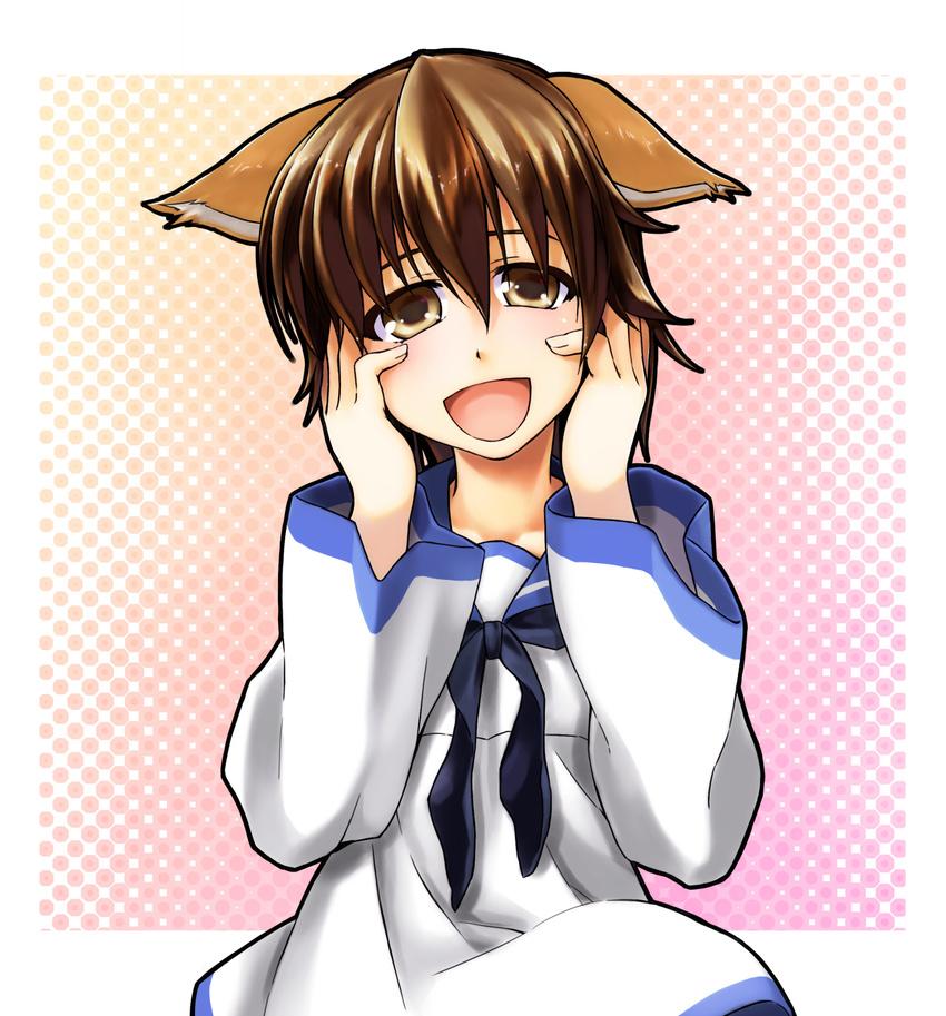 alto-00 animal_ears blush brown_eyes brown_hair dog_ears highres miyafuji_yoshika open_mouth solo strike_witches world_witches_series