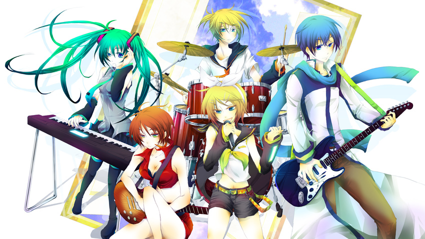 3girls blue_scarf breasts choker cleavage drum guitar hair_ornament hairclip hatsune_miku highres instrument kagamine_len kagamine_rin kaito keyboard_(instrument) medium_breasts meiko microphone midriff multiple_boys multiple_girls necktie rogical scarf skirt thighhighs twintails vocaloid