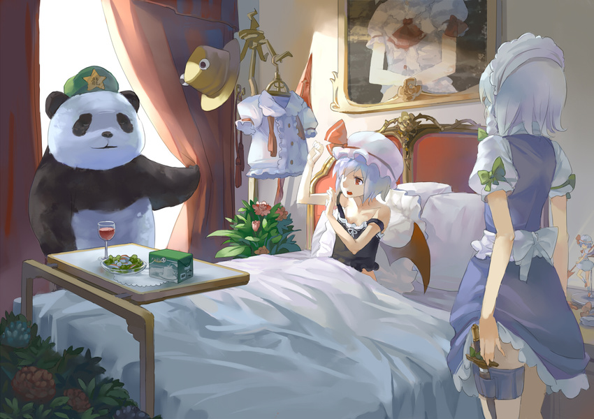 77gl bat_wings bed blue_hair camisole cheese dazzled figure flower food hat holster hong_meiling hong_meiling_(panda) izayoi_sakuya knife maid multiple_girls panda panda_cheese parody photo_(object) polearm product_placement pyonta red_eyes remilia_scarlet scarlet_devil_mansion short_hair spear spear_the_gungnir strap_slip thigh_holster touhou weapon wings