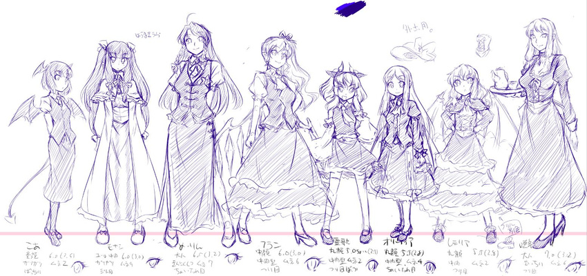 alternate_hairstyle asymmetrical_hair bad_id bad_pixiv_id bat_wings demon_tail flandre_scarlet hakurei_reimu head_wings height_chart hong_meiling if_they_mated izayoi_sakuya koakuma lineup monochrome multiple_girls no_hat no_headwear older original pantyhose patchouli_knowledge remilia_scarlet sketch tail touhou wings yuzu_momo