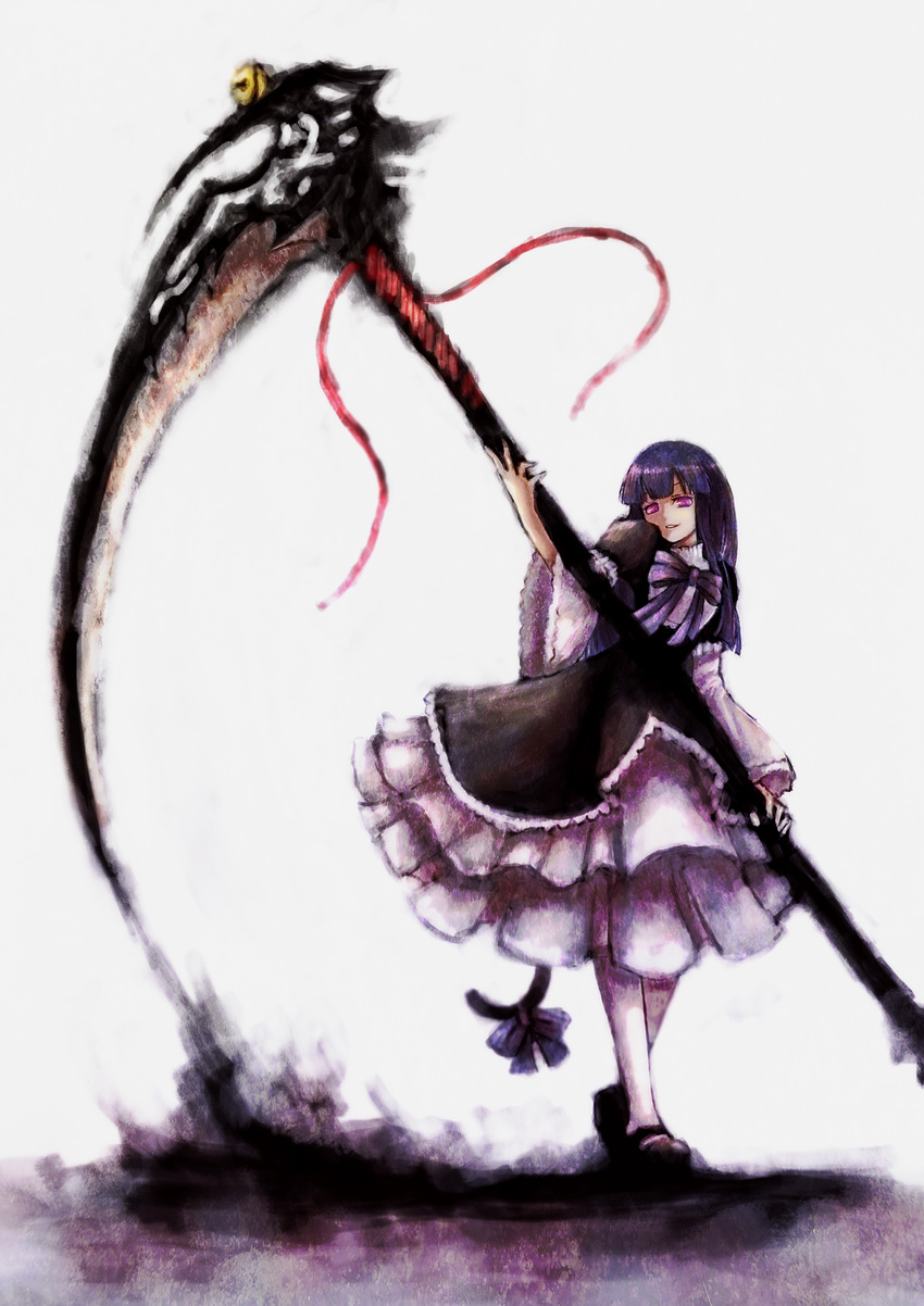 blackball blue_hair dress frederica_bernkastel frills highres holding holding_scythe ribbon scythe solo tail umineko_no_naku_koro_ni