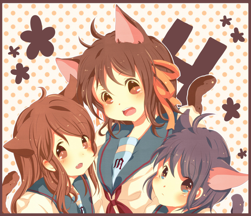 animal_ears asahina_mikuru bad_id bad_pixiv_id brown_eyes brown_hair cat_ears cat_tail grey_hair kanamori_mao kemonomimi_mode kita_high_school_uniform long_hair multiple_girls nagato_yuki school_uniform serafuku short_hair suzumiya_haruhi suzumiya_haruhi_no_yuuutsu tail