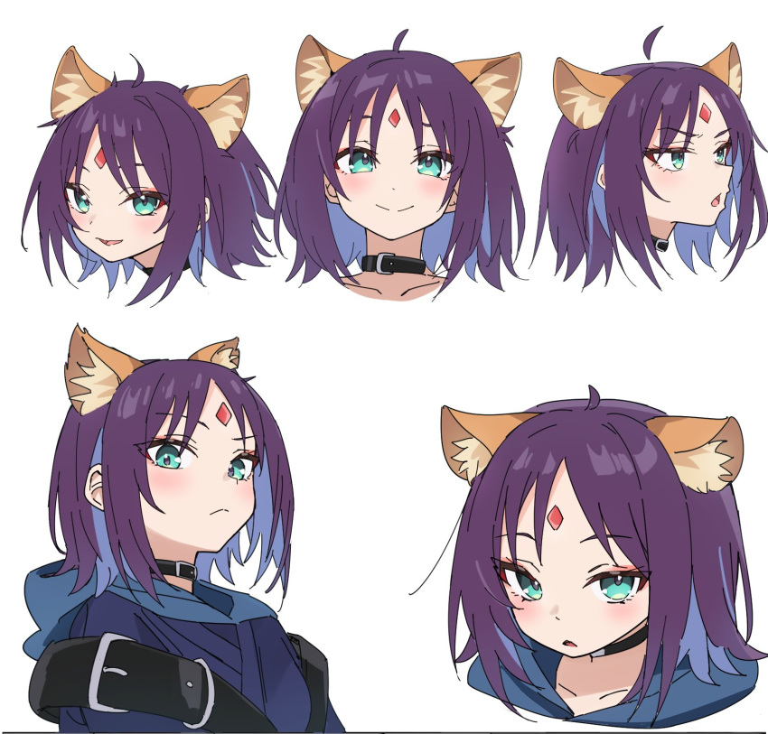 1girl ahoge animal_ears black_choker blue_hair blue_hoodie blue_kimono blush cho_kaguya-hime! choker closed_mouth colored_inner_hair commentary_request forehead_jewel fox_ears fox_girl green_eyes highres hood hood_down hoodie japanese_clothes kimono looking_at_viewer medium_hair multicolored_hair multiple_expressions open_mouth purple_hair sakayori_iroha sidelocks simple_background tensann3 white_background