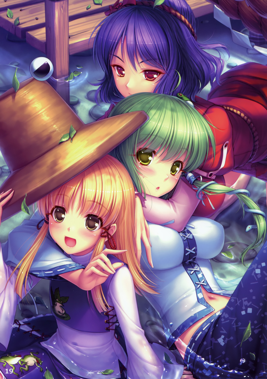 absurdres bent_over blonde_hair breasts chinese_clothes detached_sleeves dock eyes frog green_eyes green_hair hair_ornament hat highres impossible_clothes impossible_shirt kneeling kochiya_sanae large_breasts leaf long_hair moriya_suwako multiple_girls navel purple_hair red_eyes rope sandals sayori shimenawa shirt short_hair sitting snake splashing thighhighs touhou water wet wet_clothes white_legwear yasaka_kanako yellow_eyes