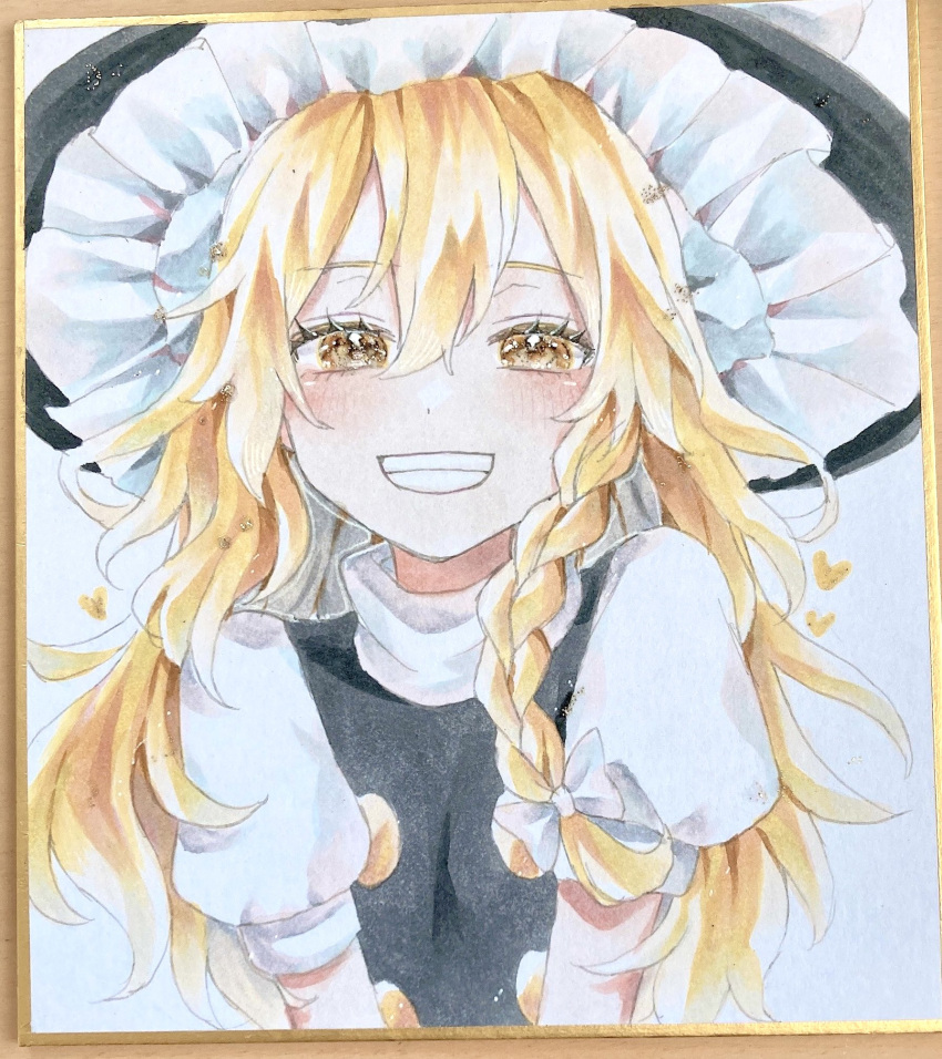 1girl black_hat black_vest blonde_hair blush bow braid commentary_request furawast grin hair_between_eyes hair_bow hat hat_bow heart highres kirisame_marisa long_hair photo_(medium) puffy_short_sleeves puffy_sleeves shikishi short_sleeves side_braid single_braid smile solo touhou traditional_media upper_body vest white_bow witch_hat yellow_eyes