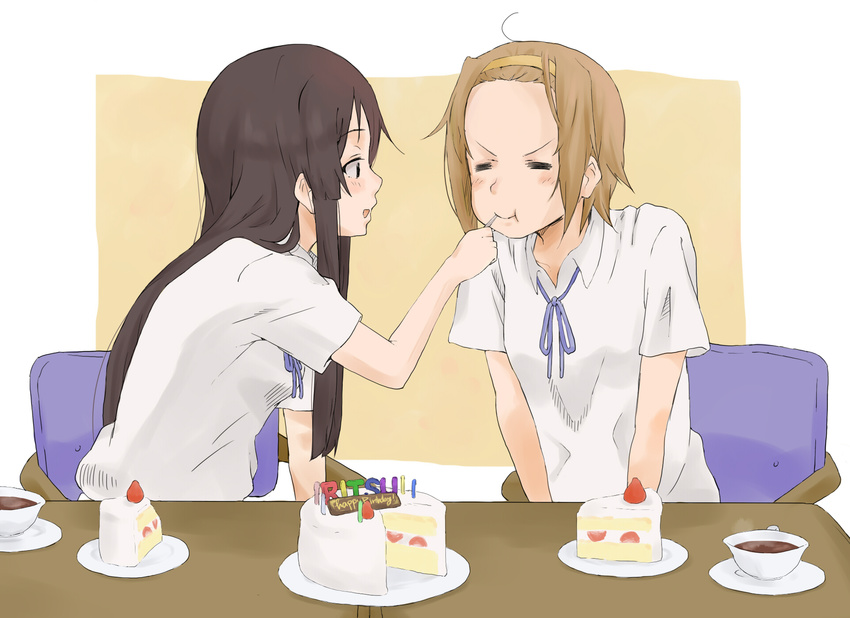 :t =_= akiyama_mio black_eyes black_hair brown_hair cake closed_eyes feeding food highres jinzo k-on! long_hair multiple_girls school_uniform short_hair tainaka_ritsu