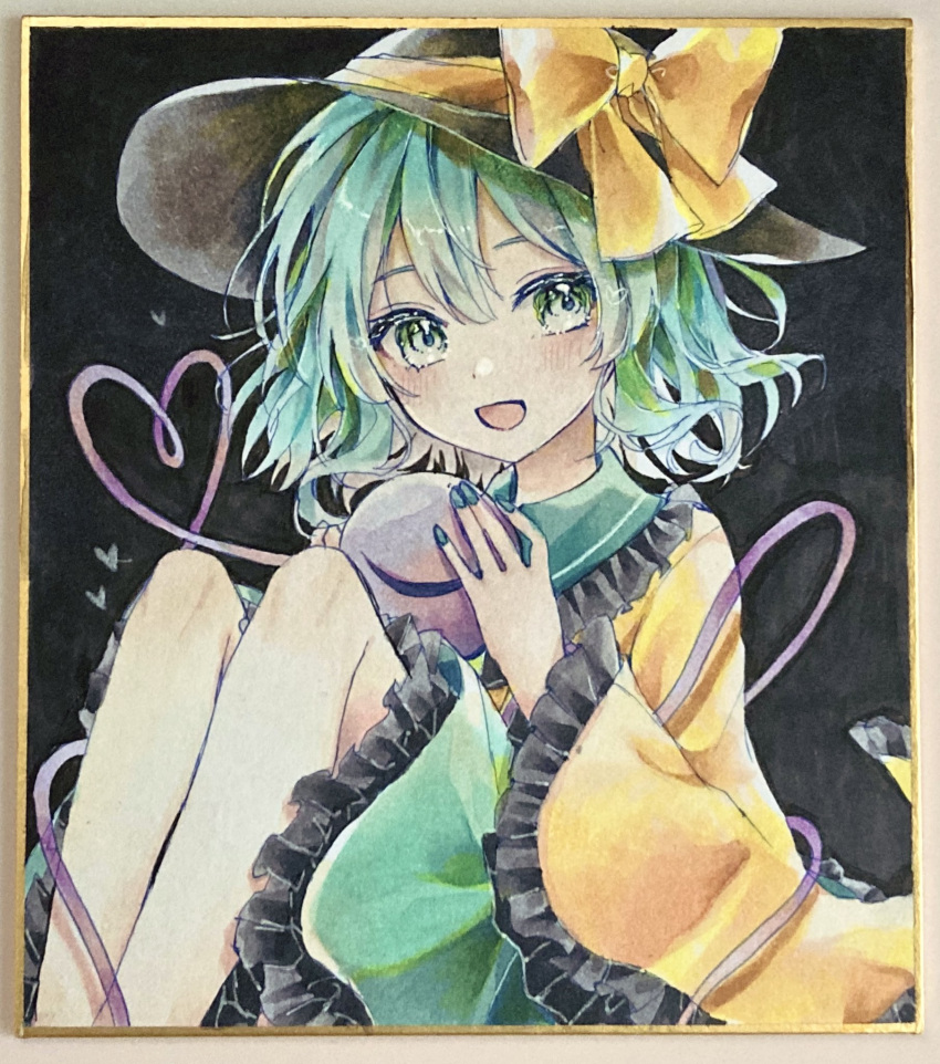1girl :d black_hat blue_nails blush bow collared_shirt commentary_request disembodied_linked_eye eyeball frilled_shirt_collar frilled_skirt frilled_sleeves frills furawast green_eyes green_hair green_skirt hat hat_bow heart heart_of_string highres komeiji_koishi long_sleeves looking_at_viewer medium_hair open_mouth photo_(medium) shikishi shirt skirt smile solo touhou traditional_media wide_sleeves yellow_bow yellow_shirt
