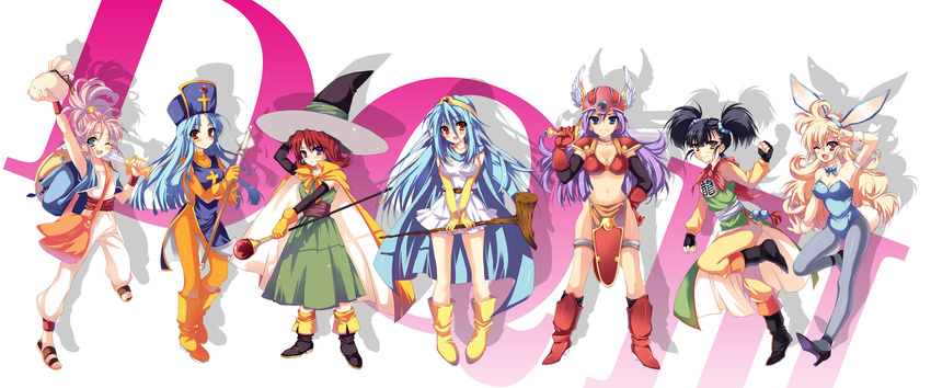 anapom animal_ears armor bad_id bad_pixiv_id bag bikini_armor black_hair blonde_hair blue_hair blush boots breasts brown_eyes bunny_ears bunny_girl bunnysuit cape chinese_clothes cleavage dragon_quest dragon_quest_iii earrings fighter_(dq3) green_eyes hat highres jester_(dq3) jewelry large_breasts long_hair mace mage_(dq3) medium_breasts merchant_(dq3) mitre multiple_girls one_eye_closed open_mouth pantyhose pink_hair priest_(dq3) purple_eyes purple_hair red_eyes red_hair sage_(dq3) sandals short_twintails smile soldier_(dq3) staff sword tabard twintails v weapon witch_hat yellow_eyes