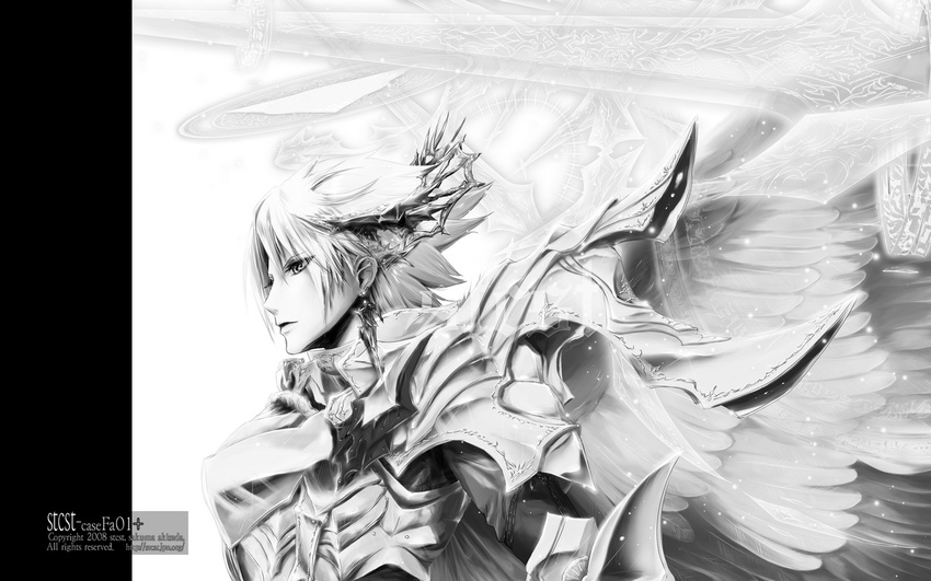 androgynous armor bad_id bad_pixiv_id earrings fantasy greyscale jewelry monochrome original solo wings
