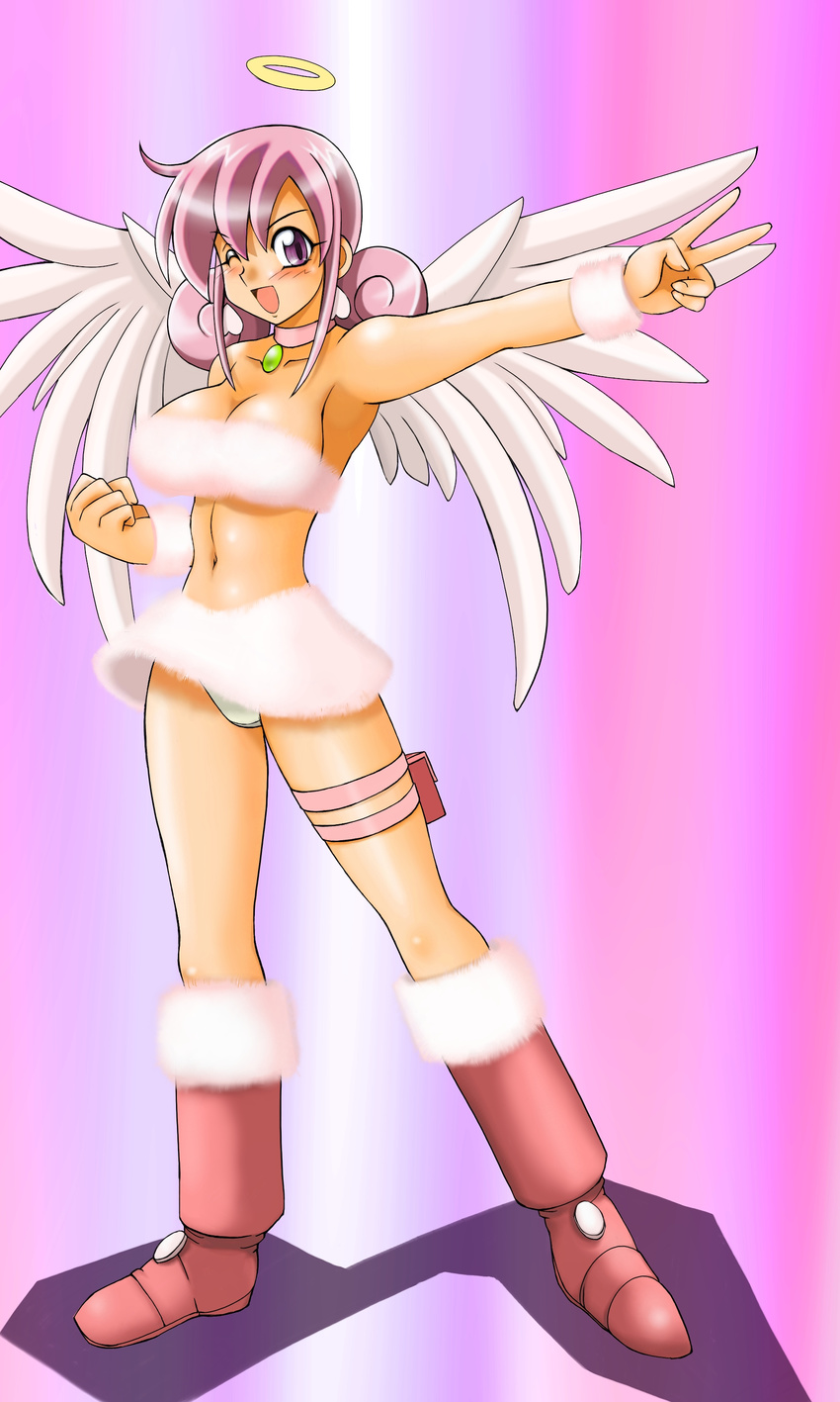 absurdres angel boots breasts choker cosplay duel_masters halo highres large_breasts miniskirt navel panties pantyshot pink_hair purple_eyes skirt strapless tasogare_mimi tsumitani_daisuke underwear violet_eyes wings wink wristband