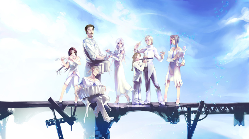 4boys aoin bad_id bad_pixiv_id band black_hair blonde_hair bridge brown_hair concertina day dress drum flute harp high_heels instrument long_hair multiple_boys multiple_girls original shoes short_hair silver_hair sitting sky trumpet violin white_dress