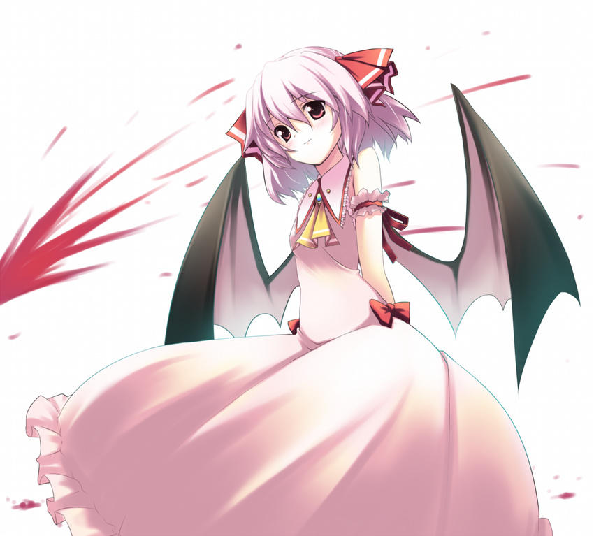 alternate_hairstyle bat_wings blood highres nosebleed pink_hair red_eyes remilia_scarlet short_hair solo touhou usume_shirou wings