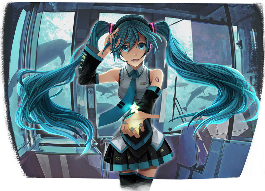 aqua_eyes aqua_hair aqua_nails bare_shoulders dolphin duplicate hatsune_miku highres kari_kenji long_hair md5_mismatch nail_polish solo thighhighs twintails vocaloid zettai_ryouiki