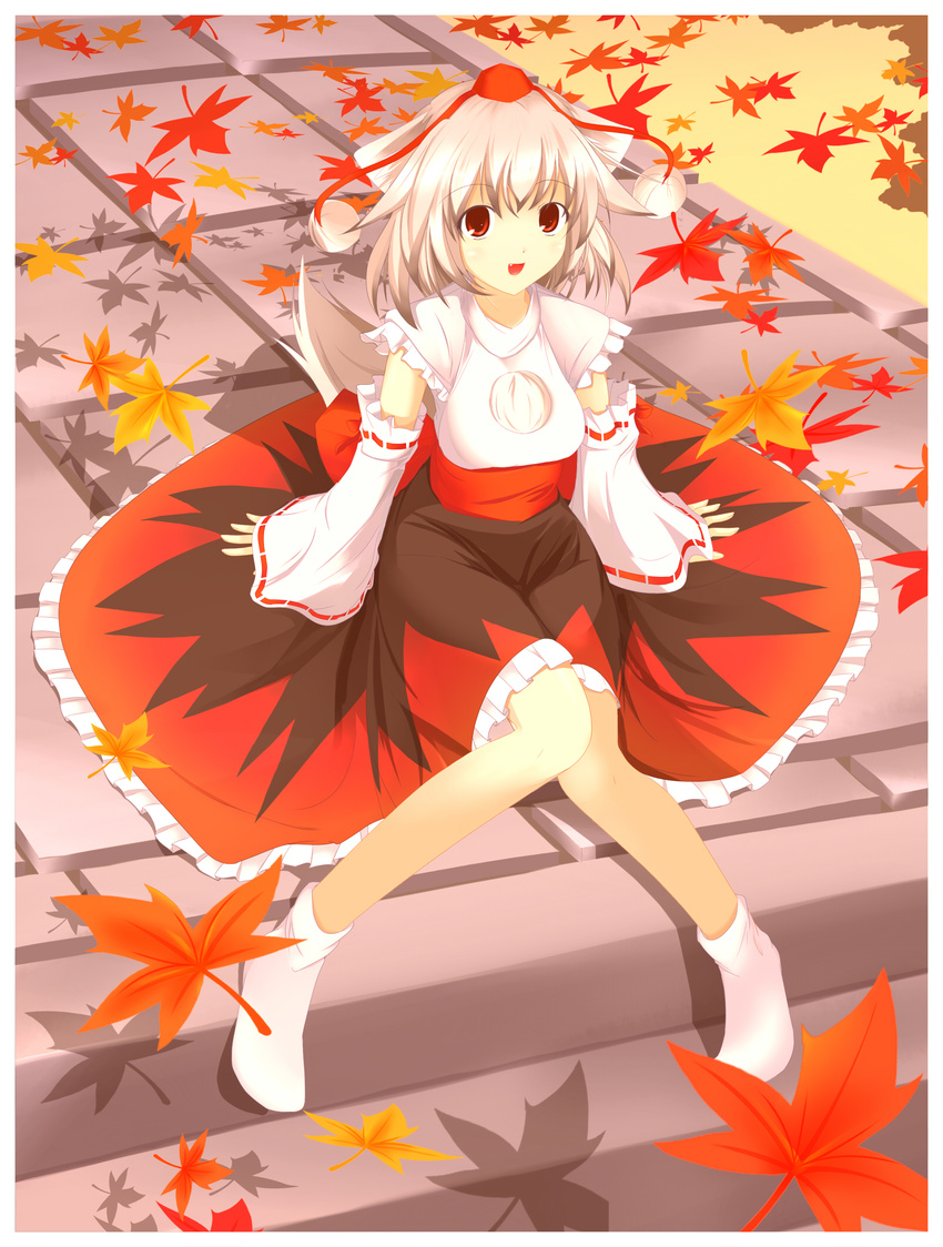 animal_ears autumn chus detached_sleeves fang hat highres inubashiri_momiji leaf maple_leaf red_eyes short_hair silver_hair sitting solo tail tokin_hat touhou wolf_ears wolf_tail