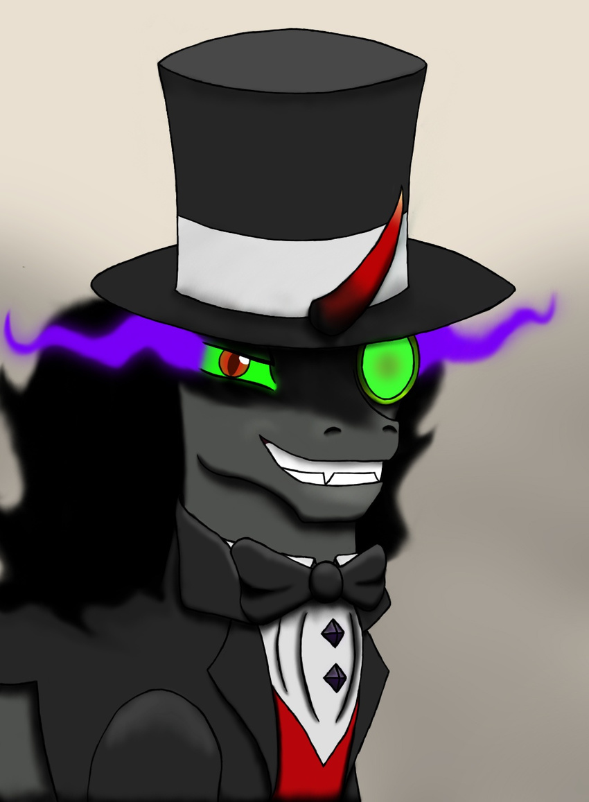 black_fur black_hair bow_tie clothed clothing equine eyewear friendship_is_magic fur gennbu green_eyes hair hat horn king_sombra_(mlp) long_hair looking_at_viewer male mammal monocle my_little_pony smile solo suit top_hat unicorn