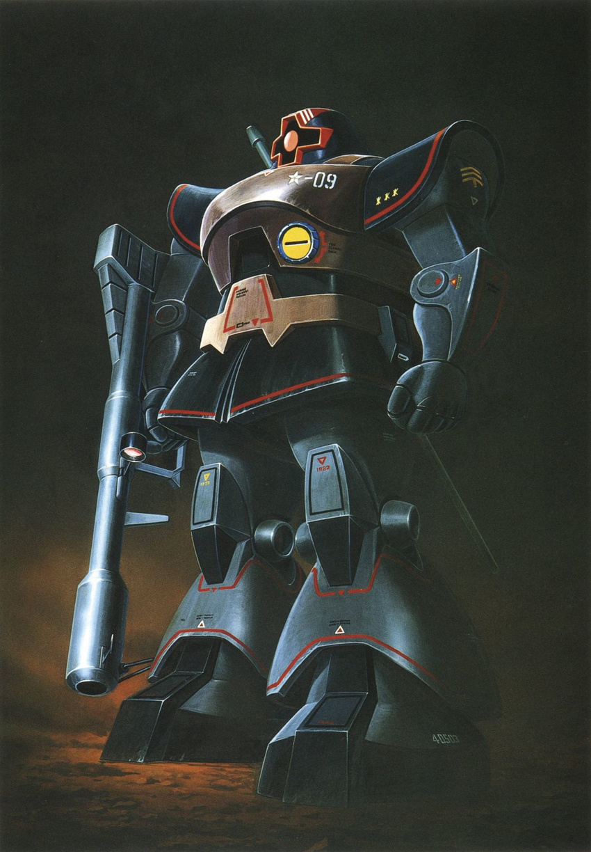 dom gundam mecha mobile_suit_gundam official_art ookawara_kunio rocket_launcher scan weapon