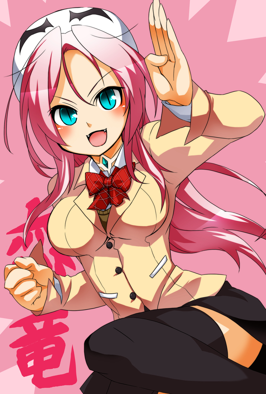 aqua_eyes black_legwear blazer blush breasts dra+koi fang fighting_stance hat heroine_(dra+koi) highres jacket large_breasts long_hair looking_at_viewer open_mouth pink_hair puchi-pochi school_uniform skirt slit_pupils smile solo thighhighs