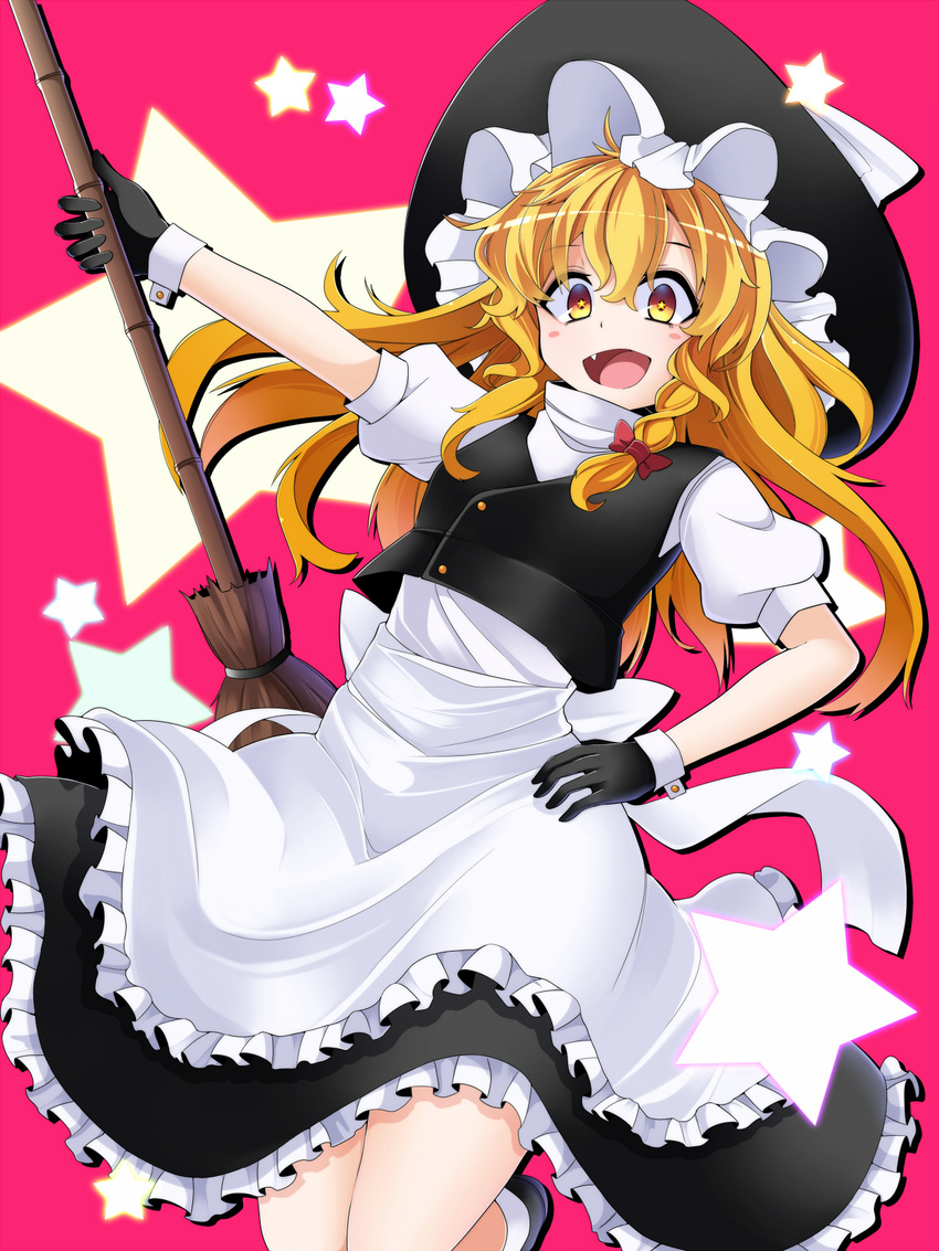 :d apron bamboo_broom black_gloves blonde_hair braid broom fang gloves hat highres kirisame_marisa long_hair looking_at_viewer open_mouth pink_background puffy_short_sleeves puffy_sleeves rihito_(usazukin) shirt short_sleeves single_braid skirt skirt_set smile solo star star-shaped_pupils symbol-shaped_pupils touhou vest waist_apron witch_hat yellow_eyes