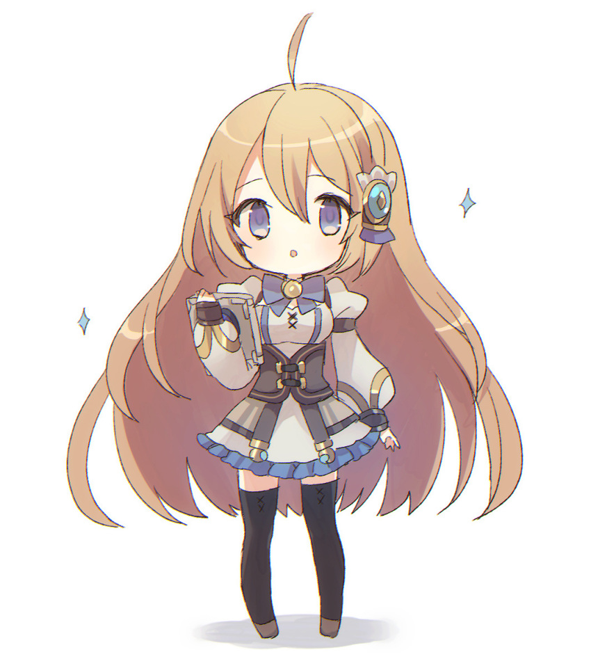 1girl :o ahoge bangs black_legwear blue_bow blue_eyes blush bow breasts brown_footwear character_request commentary_request cryptract dress eyebrows_visible_through_hair frilled_dress frills full_body grey_dress hair_between_eyes hair_ornament juliet_sleeves kikka_(kicca_choco) light_brown_hair long_hair long_sleeves looking_at_viewer parted_lips puffy_sleeves shadow sleeves_past_wrists small_breasts solo sparkle standing thighhighs very_long_hair white_background