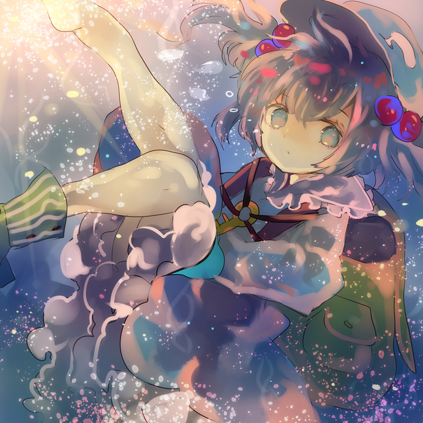 backpack bag barefoot black_hair blue_eyes boots boots_removed bubble cha_goma dress floating_hair frilled_skirt frills hair_bobbles hair_ornament highres kawashiro_nitori light_rays light_trail long_sleeves looking_at_viewer shirt shoes short_hair single_shoe skirt skirt_set solo sunbeam sunlight touhou two_side_up underwater water wet wet_clothes
