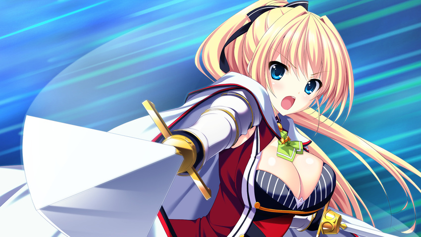 blonde_hair blue_eyes blush breasts cape cleavage female fighting_stance game_cg hair_ribbon highres kishi&times;kano kishiÃ—kano large_breasts long_hair looking_at_viewer mikado_asuha minatsuki_alumi open_mouth ponytail ribbon serious simple_background solo sword weapon