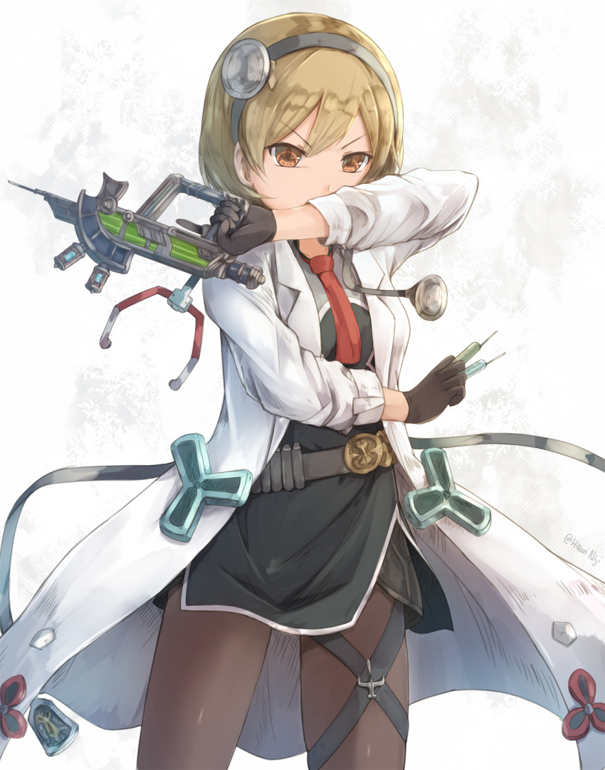 1girl bangs between_fingers black_dress brown_eyes brown_gloves brown_legwear commentary covered_mouth djeeta_(granblue_fantasy) doctor doctor_(granblue_fantasy) dress english_commentary eyebrows_visible_through_hair gloves granblue_fantasy hair_between_eyes head_mirror highres hikari_niji holding holding_syringe labcoat light_brown_hair long_sleeves looking_at_viewer pantyhose red_neckwear solo stethoscope syringe v-shaped_eyebrows